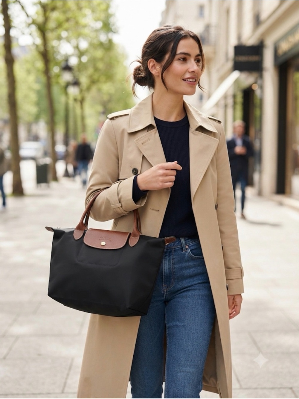 Longchamp Black Nylon Shoulder Bag with Brown Leather Trim